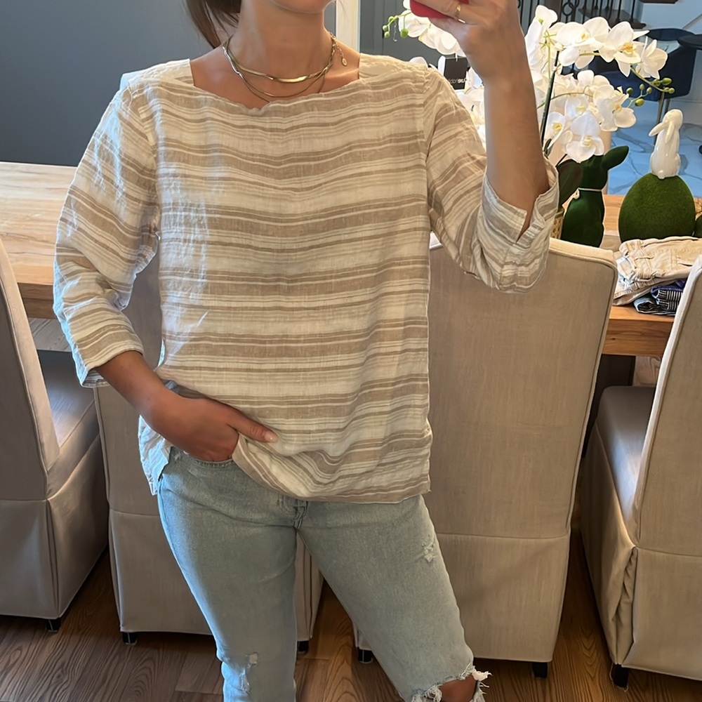 L.L. Bean White and Gray Cotton Blend Blouse